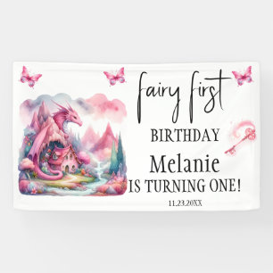 Pink Fairy House Pink Dragon First Birthday Banner