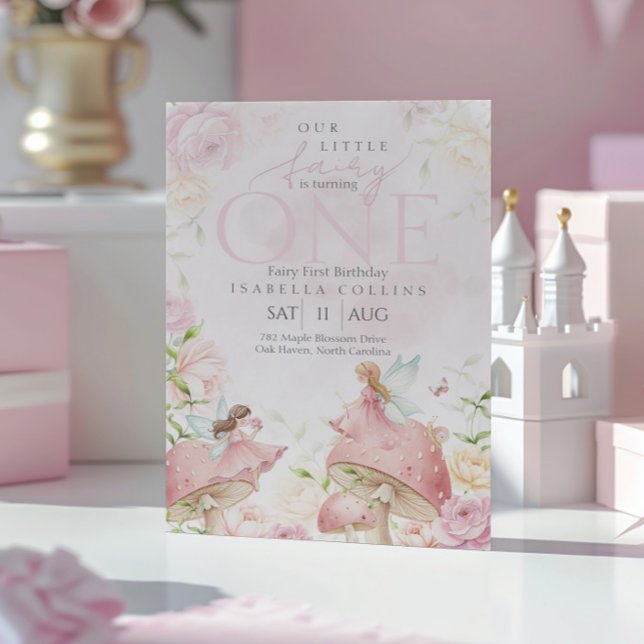 Pink Fairy Mushroom Floral Garden 1st Birthday  Invitation (Creator Uploaded)