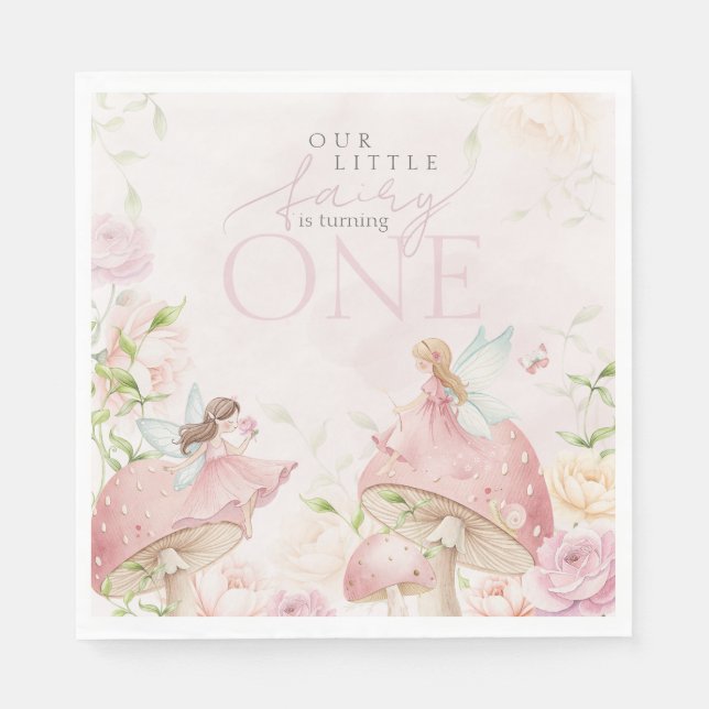 Pink Fairy Mushroom Floral Garden 1st Birthday Napkins (Front)