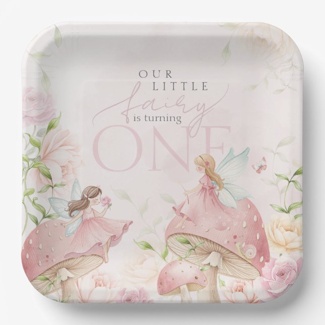 Pink Fairy Mushroom Floral Garden 1st Birthday Paper Plates (Front)