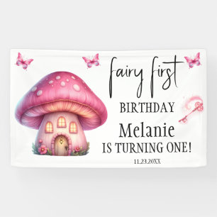 Pink Fairy Mushroom House First Birthday Banner