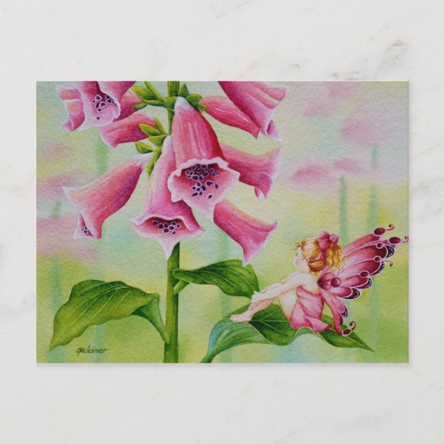 Pink Fairy on Foxglove Flower Watercolor Art Postcard (Front)