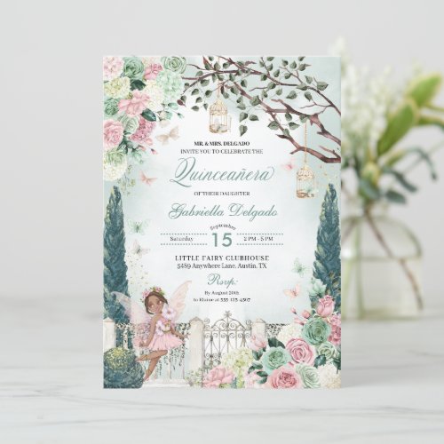 Pink Fairy Princess Enchanted Garden Quinceanera Invitation