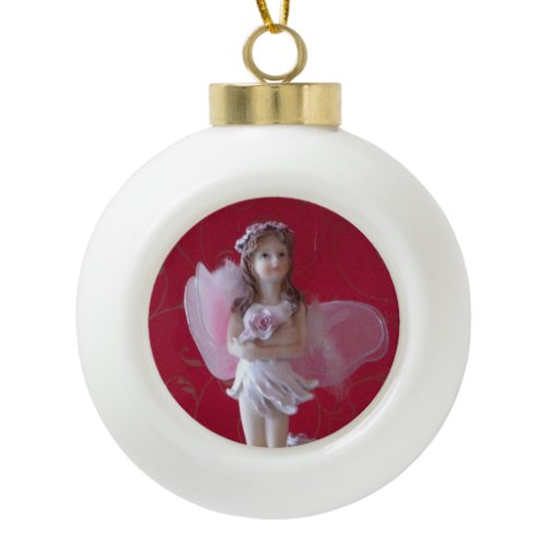 Pink Fairy  Round White Oranment Ceramic Ball Christmas Ornament