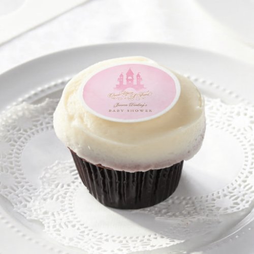 Pink fairy tale castle baby shower   edible frosting rounds