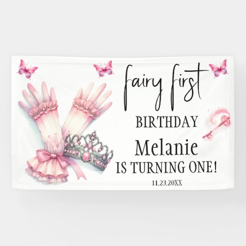 Pink Fairy Tiara Pink Butterflies First Birthday  Banner