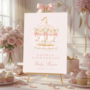 pink fairytale carousel baby shower welcome sign