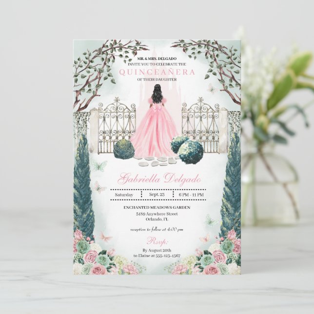 Pink Fairytale Castle Enchanted Garden Quinceanera Invitation (Standing Front)