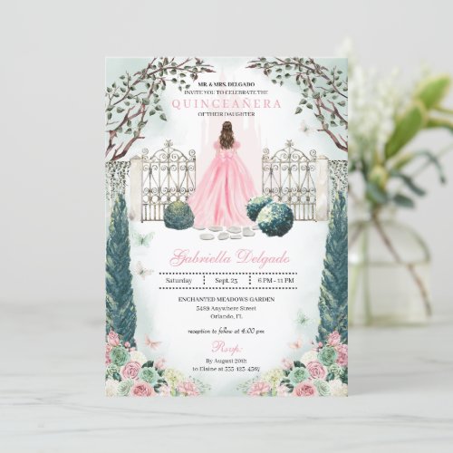 Pink Fairytale Castle Enchanted Garden Quinceanera Invitation