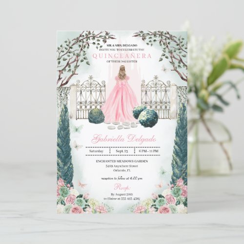 Pink Fairytale Castle Enchanted Garden Quinceanera Invitation