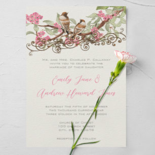 Pink Fairytale Forest Love Birds Wedding  Invitation