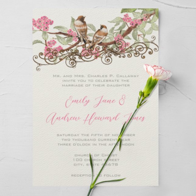Pink Fairytale Forest Love Birds Wedding  Invitation (Creator Uploaded)