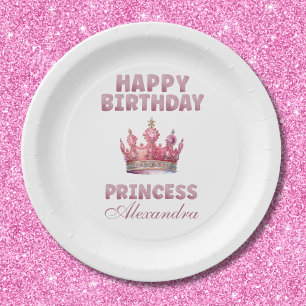 Pink Fairytale Princess Crown Birthday Paper Plate