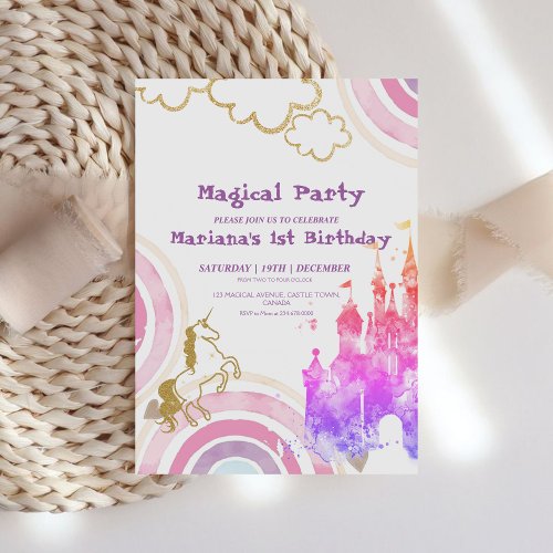 Pink Fairytale Rainbow and Unicorn Birthday Party Invitation