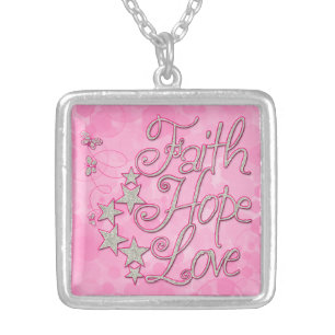 Pink Faith Hope Love Stars Butterflies Necklace