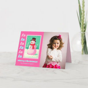 Pink FaLaLa Snowman Christmas Postage Stamp Photo Holiday Card