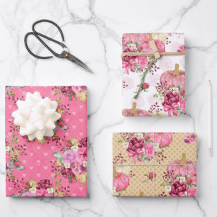 PINK FALL AUTUMN PUMPKINS & WATERCOLOR FLOWERS WRAPPING PAPER SHEETS