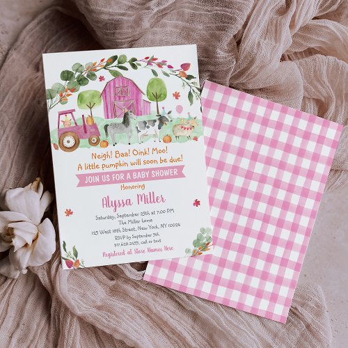 Pink Fall Farm Pumpkin Baby Shower Invitation