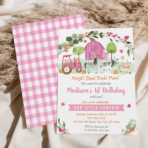 Pink Fall Farm Pumpkin Birthday Invitation