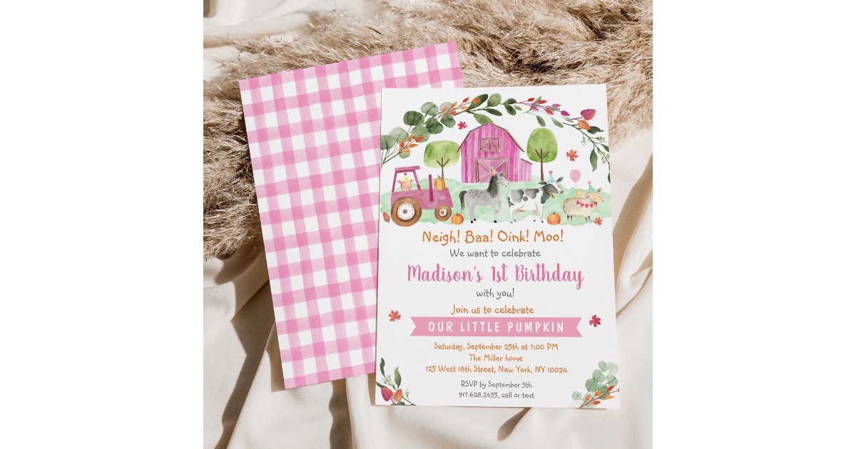 Pink Fall Farm Pumpkin Birthday Invitation | Zazzle