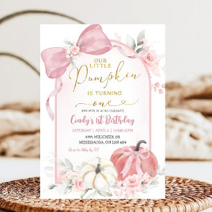 Pink Fall Floral Coquette Pumpkin First Birthday Invitation
