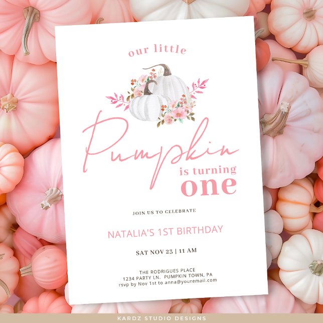 Pink Fall Floral Little Pumpkin 1st Birthday Invitation (Invite shown in 5 x 7 inches, choose size, paper, and corner style.)