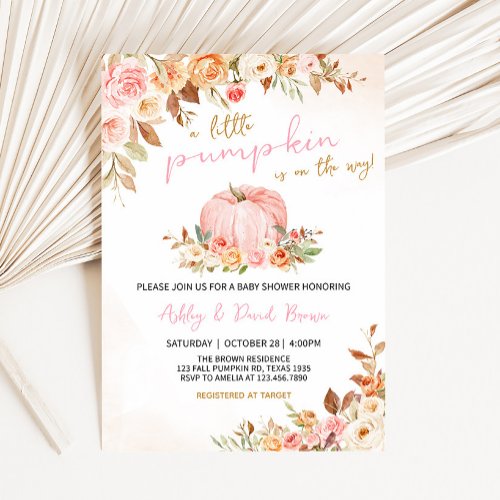 Pink Fall Floral Pumpkin Baby Shower  Invitation