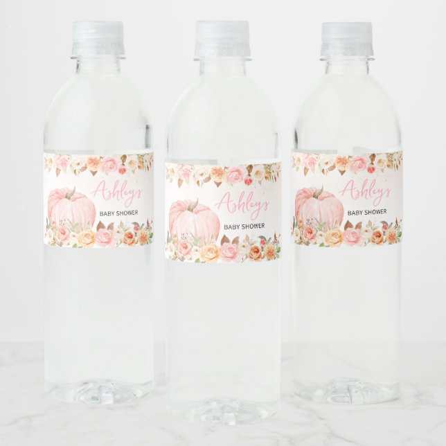 Pink Fall Floral Pumpkin Baby Shower  Water Bottle Label (Bottles)