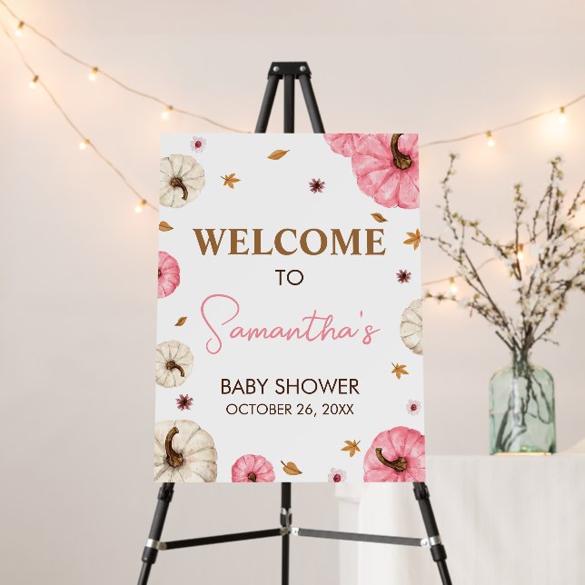 Pink Fall Little Pumpkin Baby Shower Welcome Sign (In Situ (Stand))