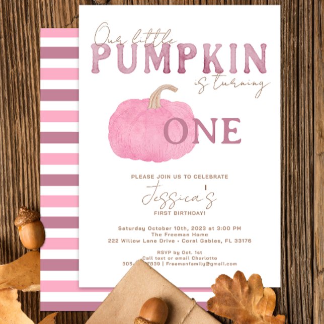 Pink Fall Pumpkin 1st Birthday Party Invitation (pink pumpkin modern watercolor birthday party invitation)