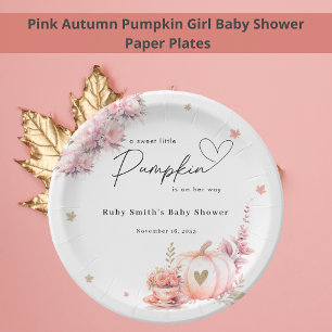 Pink Fall Pumpkin Flowers Leafs Girl Baby Shower Paper Plates