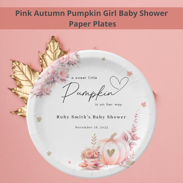 Pink Fall Pumpkin Flowers Leafs Girl Baby Shower Paper Plates (Creator Uploaded)