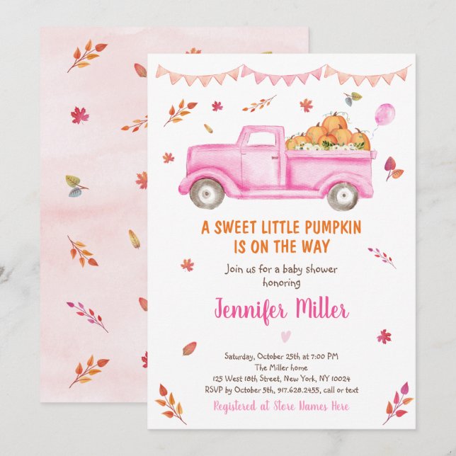 Pink Fall Pumpkin Truck Baby Shower Invitation (Front/Back)