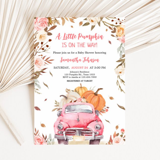 Pink Fall Pumpkin Truck Baby Shower Invitation (Truck Pumpkin Baby Shower Invitation
)