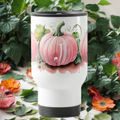 Pink Fall Pumpkin Watercolor Moon Phases Monogram Travel Mug