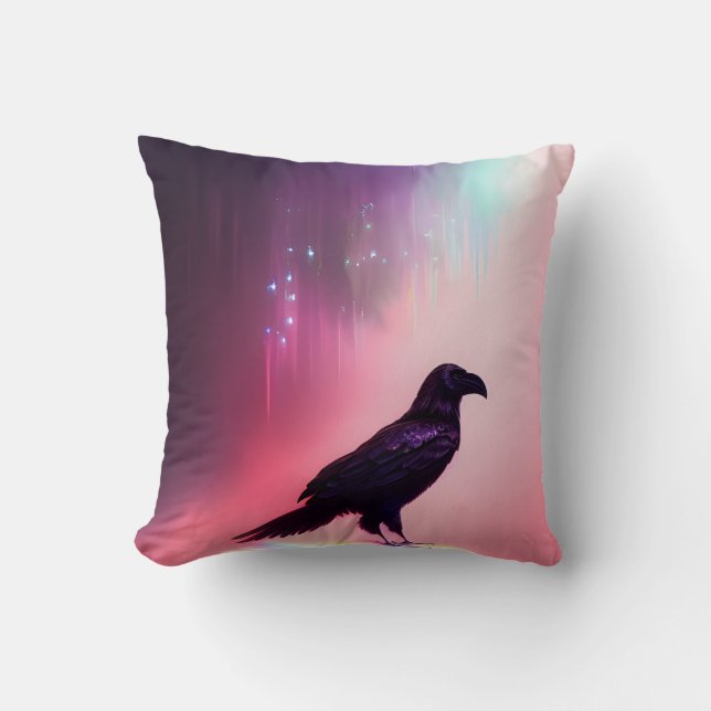 Pink Falls Raven Throw Pillow (Front)