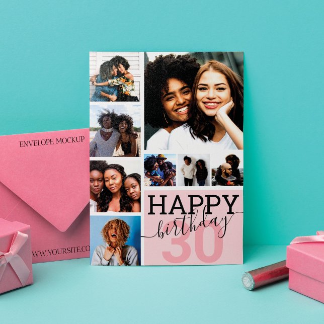 Pink Family Friends Photo Collage Happy Birthday Card (Creator Uploaded)