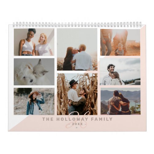 Pink family monogram name blush 20 photo collage calendar