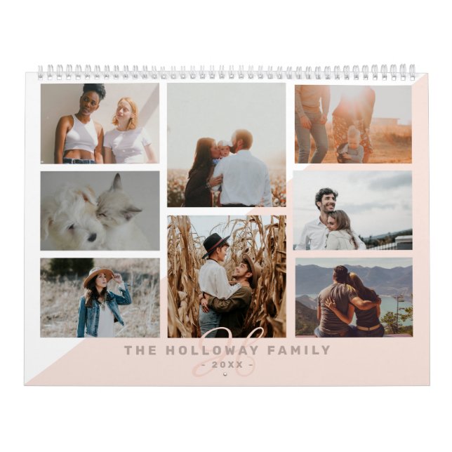 Pink family monogram name blush 20 photo collage calendar (Cover)