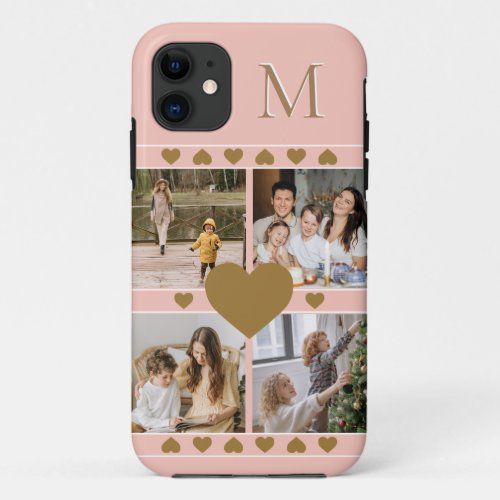 Pink Family Photo Collage with Gold Heart Monogram iPhone 11 Case