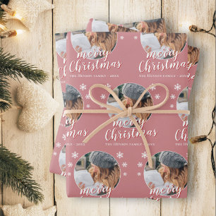 Pink Family Photo Snowflake Merry Christmas Wrapping Paper Sheets