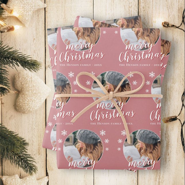 Pink Family Photo Snowflake Merry Christmas  Wrapping Paper Sheets (Creator Uploaded)