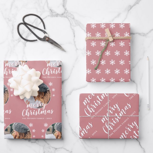 Pink Family Photo Snowflake Merry Christmas  Wrapping Paper Sheets (Front)