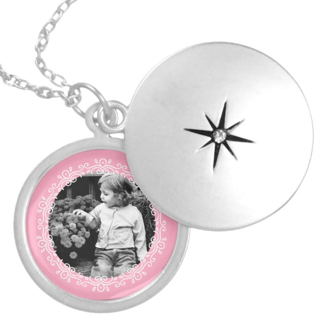 Pink Fancy Frame Custom Photo Silver Plated Necklace (Front)