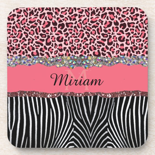 Pink Fancy Glitter Girly Leopard Print Elegant Beverage Coaster (Front)