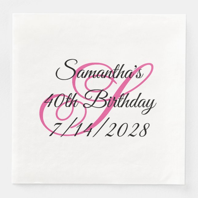 Pink Fancy Monogram 40th Birthday Paper Dinner Napkins (Front)