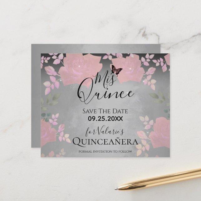 Pink Fancy Roses Quinceanera Pink Save the Date (Front/Back In Situ)