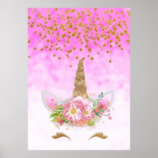 Pink Fantasy and Golden Stars Unicorn Poster (Front)