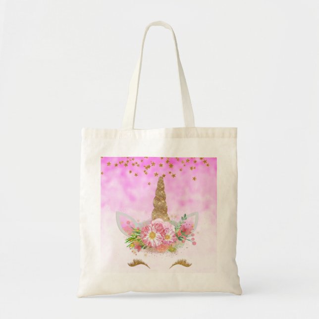 Pink Fantasy and Golden Stars Unicorn Tote Bag (Front)