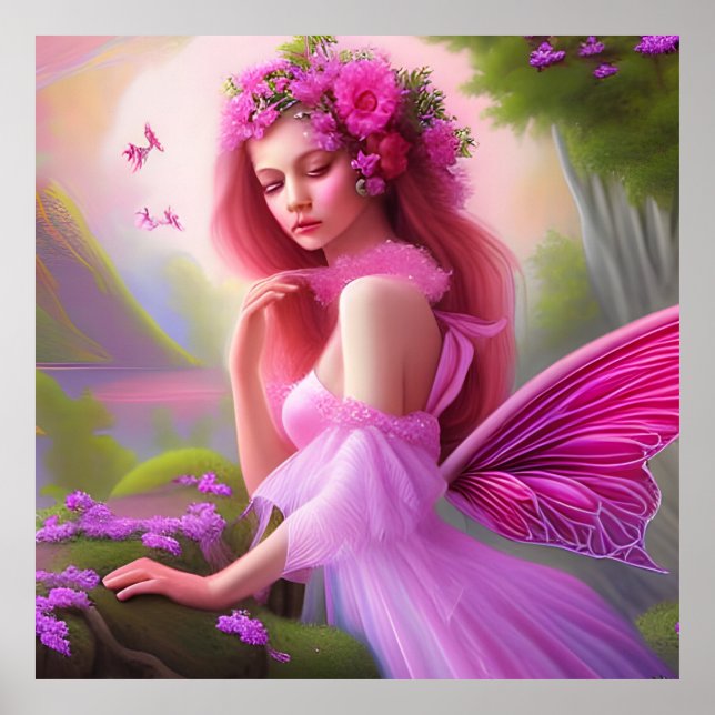 Pink Fantasy Flower Fairy Princess Art Big Poster (Front)
